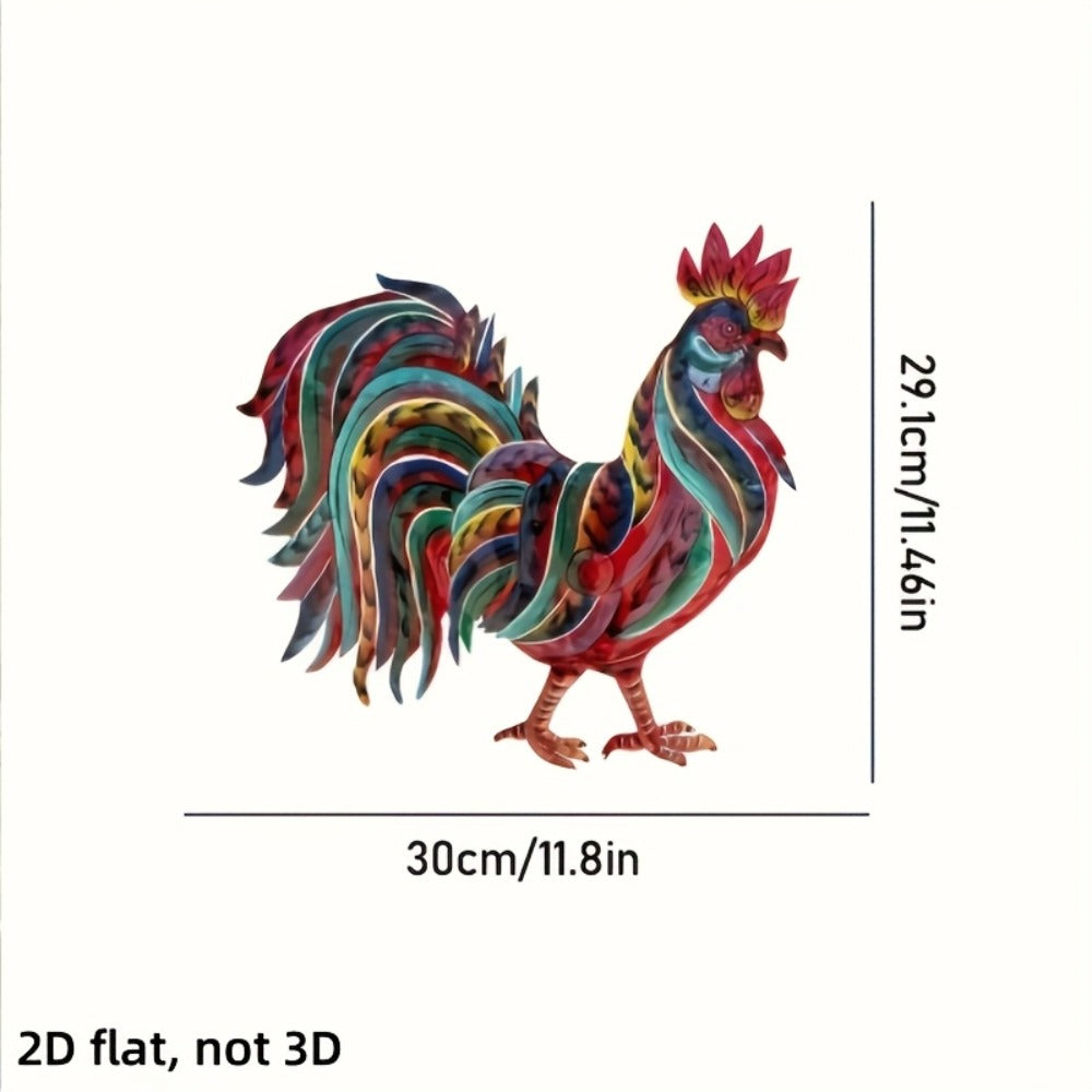 Colorful Flat Metal Rooster Wall Decoration, 11.8 by 11.46 Inches, with Layered Farmhouse Cutout Design