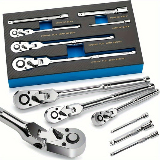 6-Piece Ratchet Wrench Set 1/4" 3/8" 1/2" Drive – Rotating Head Ratchet with Extension Bar, Chrome-Plated Stainless Steel, EVA Foam Storage Case | No Battery Required