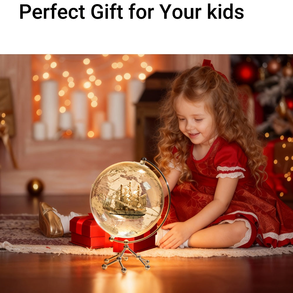 Illuminated Clear Acrylic Sailing Ship Globe Lamp, 7.87-Inch Sphere with Warm Light and Metal-Look Stand
