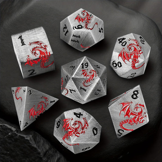 Dragon Metal Dice Set 7pcs Hand-Polished – Retro Carved Dragon Pattern Polyhedral DnD TTRPG RPG Dice with Dragon Storage Bag, D4 D6 D8 D10 D12 D20, Bronze Silver Black Blue White Cyan