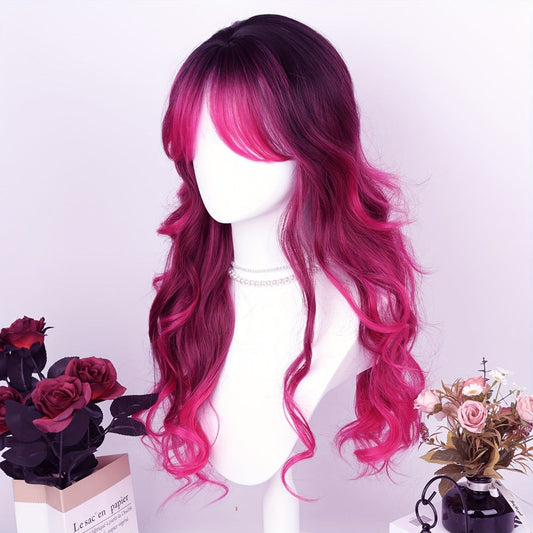 Synthetic Wig 28-Inch Rose-Red Gradient Waves with Air Bangs, 150% Density and Rose Net Cap