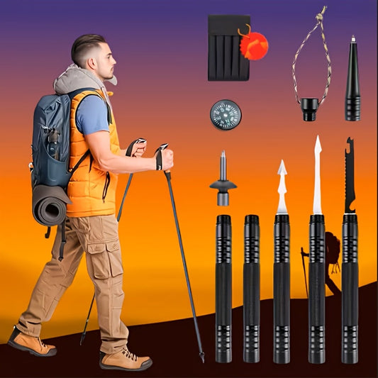 Tactical Trekking Pole Adjustable Hiking Stick | Titanium Alloy with Built-In Compass Canvas Storage Pouch & Combination Lock | Multi-Function Outdoor Hiking Camping Survival Gear Gift Black