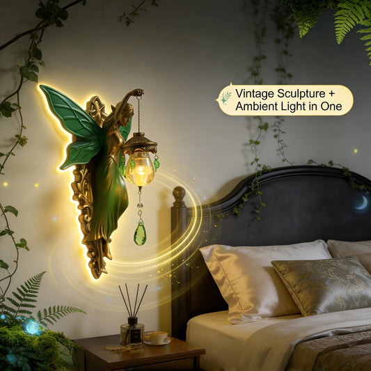 Fairy Statue Wall Decor 9.84in Fantasy Forest Fairy Sculpture – Carved Green Leaf Art Wall Hanging Ornament for Bedroom Living Room – Dreamy Fairy Tale Home Decor Gift for Fairy Lovers Easter Spring
