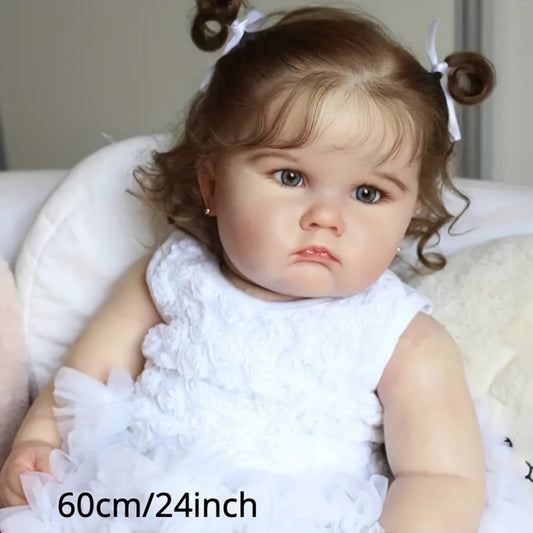 Reborn Baby Doll 24-Inch Cloth Body with Vinyl Limbs, Rooted Brown Hair, Acrylic Eyes and White Outfit Set