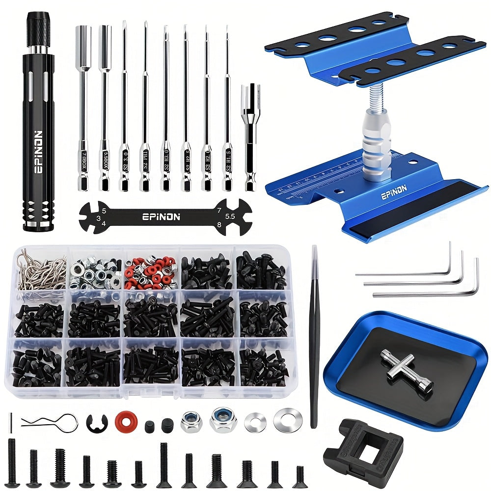 RC Car Maintenance Stand Tool Kit EPINON 360° Rotating Work Stand 520PCS Screw Set Aluminum Screwdriver Bits Compatible with 1/8 1/10 1/12 1/16 1/18 Traxxas Arrma Axial RC Cars Crawlers Trucks Red Blue