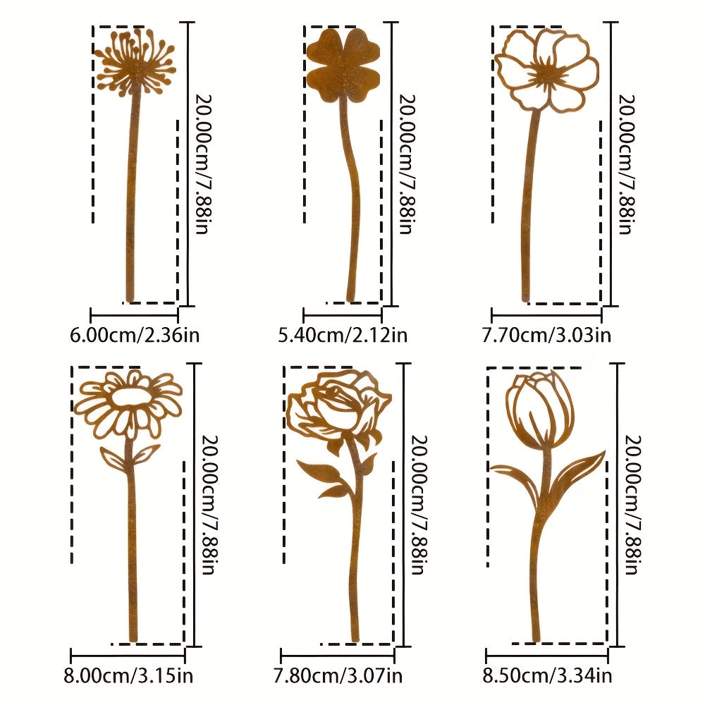 Rustic Flat Metal Flower Garden Stakes, Six-Piece Rose, Daisy and Botanical Set for Pots and Borders