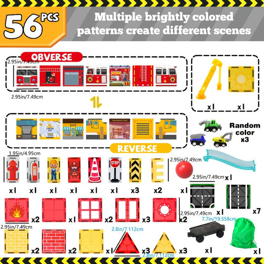 Magnetic Tiles Firefighting Theme Building Set for Kids – Fire Truck Fire Station Roads Crane & Car Toys, STEM Educational Magnetic Blocks for Boys Ages 3 4 5 6, Birthday Gift for Young Builders