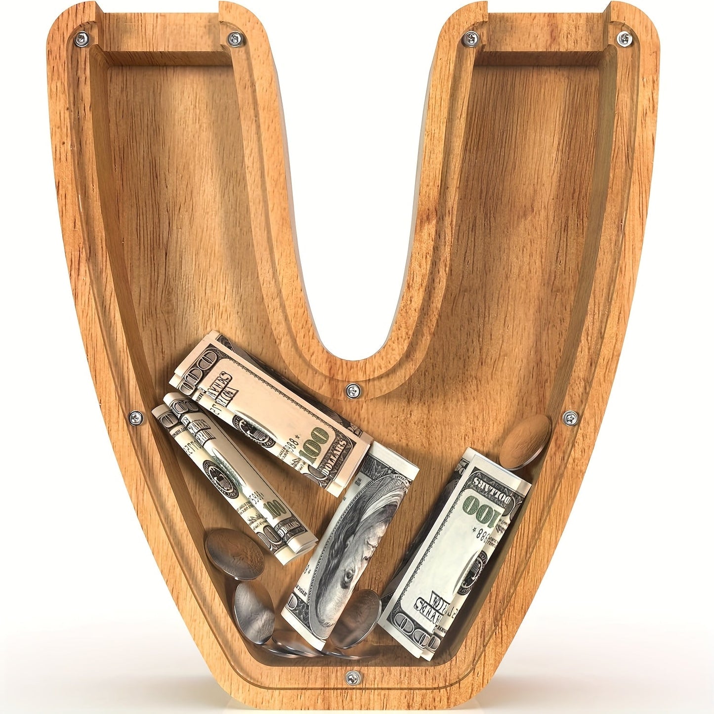 Wooden Alphabet Letter Coin Bank with Clear Front Panel and 23 Fixed Initial Options for Display