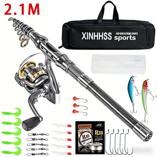Telescopic Fishing Rod & Reel Combo – Carbon Fiber Collapsible Fishing Pole Full Kit with Carrier Bag for Travel Saltwater Freshwater Fishing, 6.89ft & 7.87ft, Silver & Gold