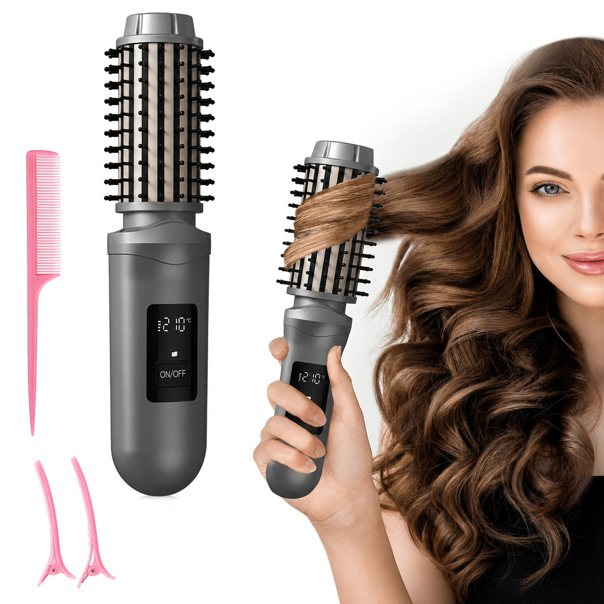 Cordless Hair Curler Brush 2-in-1 Straightener - Rechargeable Wireless Auto Curling Iron, for Home, Travel and Salon Hair Styling