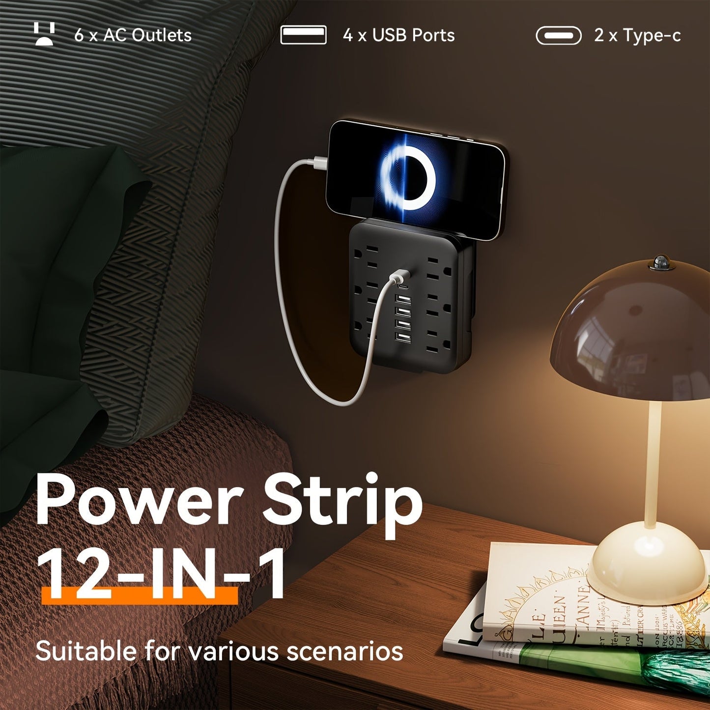 Power Strip Direct-Wall 12-in-1 Outlet Extender with 6 AC Outlets, 4 USB-A, 2 USB-C and 110–130V Input