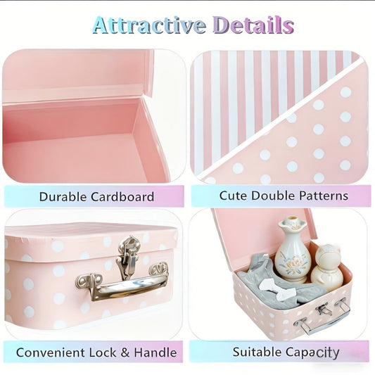 Vintage Cardboard Suitcase Set of 3 with Polka Dot Design & Lid - Decorative Storage Boxes for Wedding Party Favors Souvenirs Photos, Valentine Anniversary Christmas Gift Box