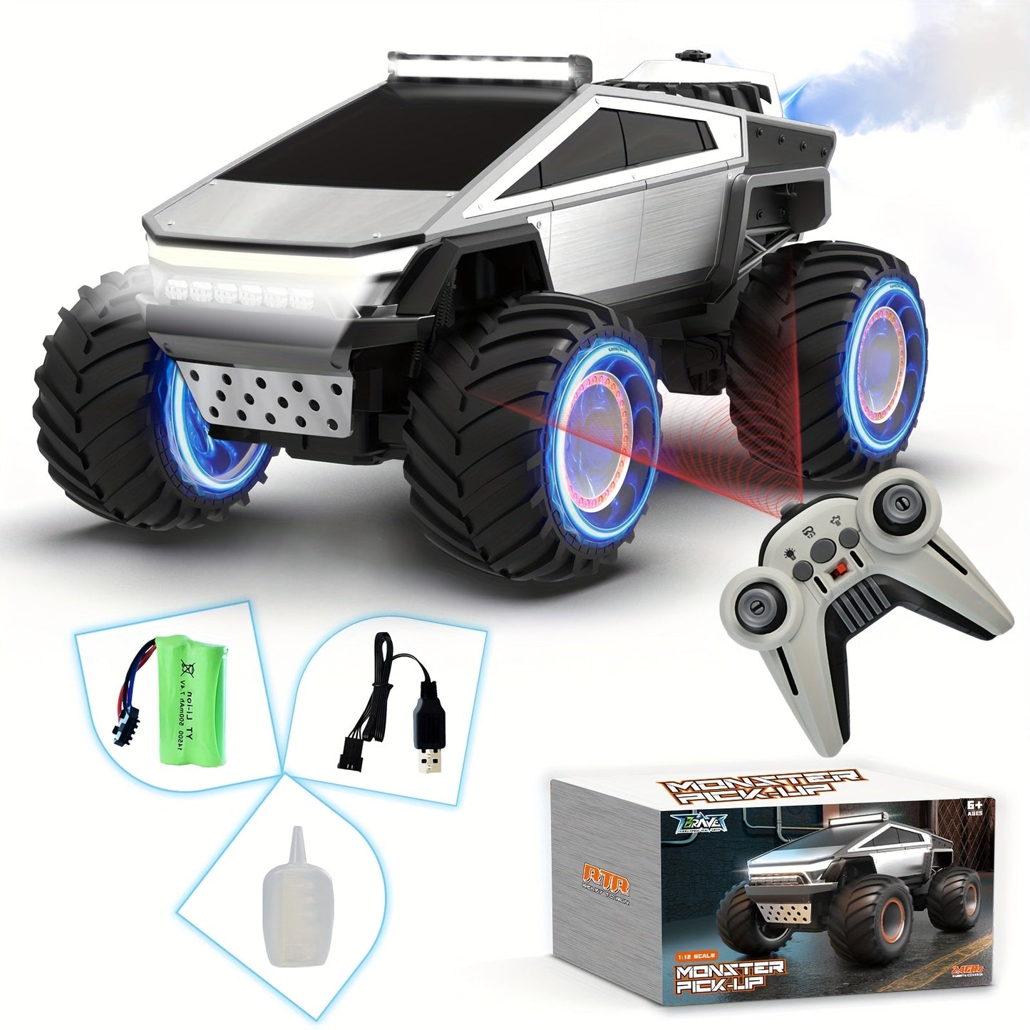 1:12 Scale RC Monster Truck 4WD All-Terrain – Remote Control Cybertruck & Pickup Truck with LED Lights & Sound Effects, 2.4GHz Rechargeable RC Car Gift for Boys Ages 6 7 8 9 10 Birthday Christmas