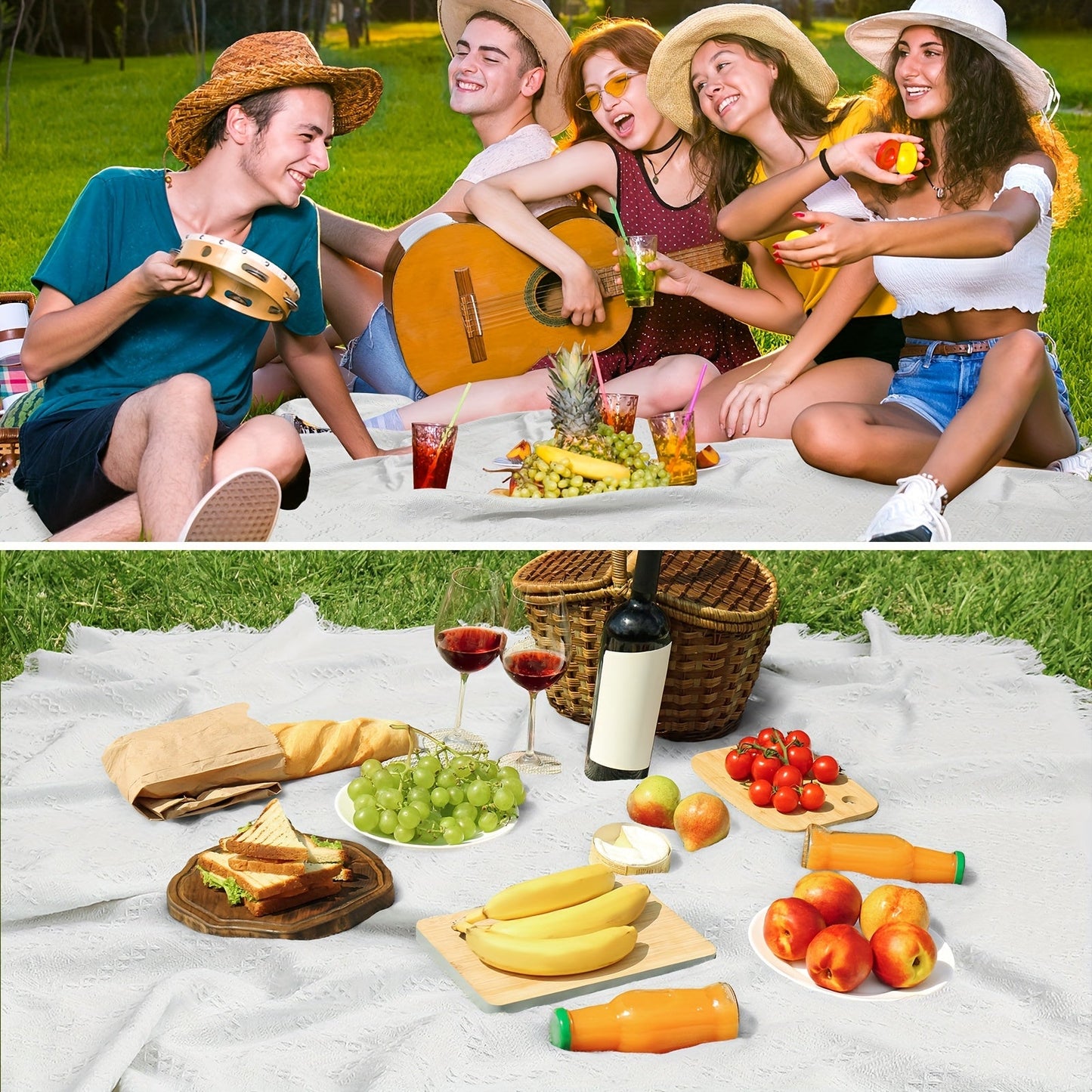 91 x 71-Inch Picnic Blanket in White Woven Cotton with Subtle Geometric Texture and Fringe Edges