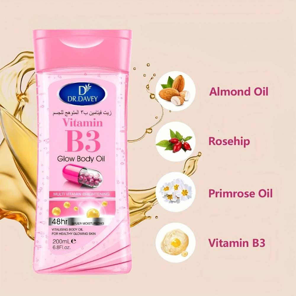 Vitamin B3 Body Oil, Two-Piece Set of 200ml Flip-Top Bottles with Coordinated Pink Niacinamide Labels