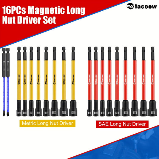 Magnetic Nut Driver Set 19PCS – SAE & Metric | 1/4" Hex Shank 6" Long | PH1 & PH2 for Impact Drills | Magnetic Socket Set with Sturdy Tool Case | Professional & DIY Projects