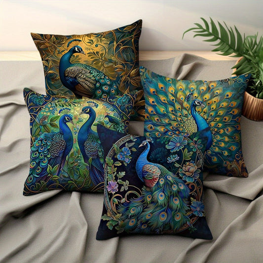 Cushion Covers 18x18 Set of 4 Vintage Peacock Oil Painting Boho Plush Throw Pillow Cases with Zipper Machine Washable for Living Room Bedroom Home Decor