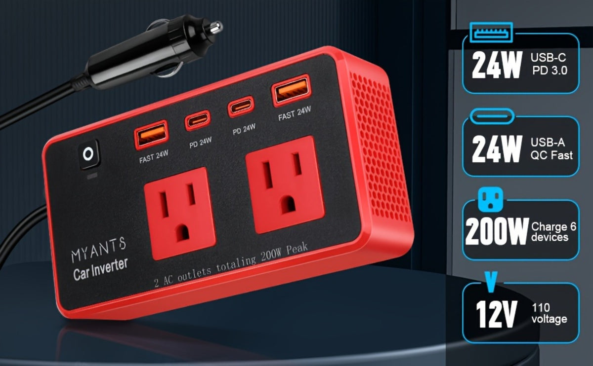 Car Power Inverter 200W - 12V DC to 110V AC, 4 USB Ports (PD & QC 3.0), Fast Charging Car Outlet Adapter for Road Trips, Camping & Vehicle Use