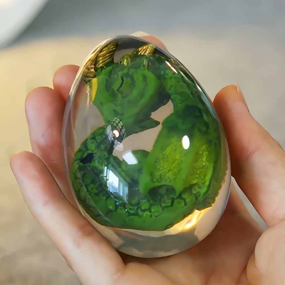 Transparent Dragon Egg Figurine in Red or Green with Oval Resin-Style Display Form Pictured