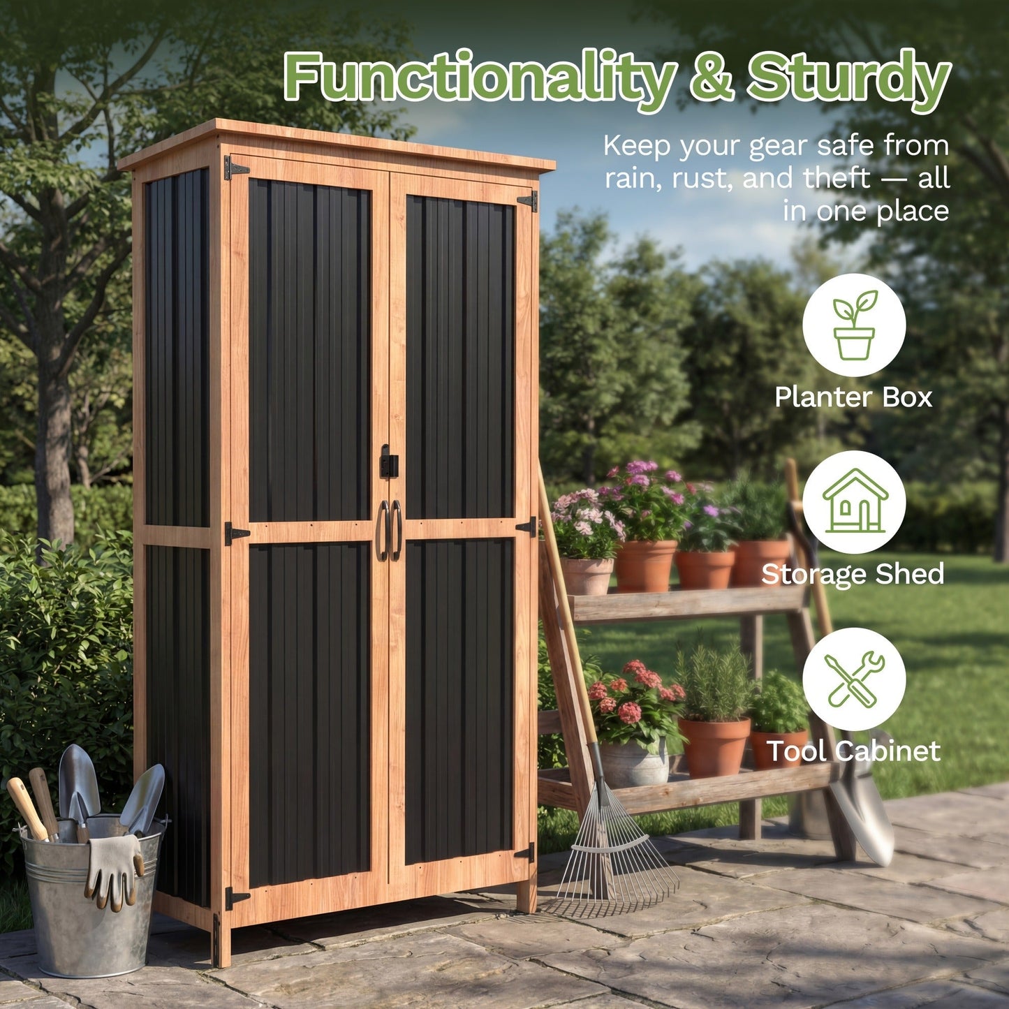 Metal Outdoor Storage Cabinets with Shelf-Equipped Tall or Low Models and 3 x 2 x 4.6 Ft Shed Option