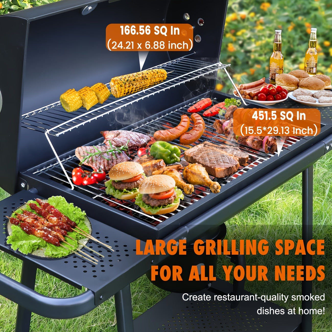 Charcoal Grill with Offset Smoker, Barrel BBQ Smoker Grill Combo for Backyard & Patio, Heavy-Duty Outdoor Charcoal Smoker with Side Firebox for Smoking, Grilling & BBQ Parties