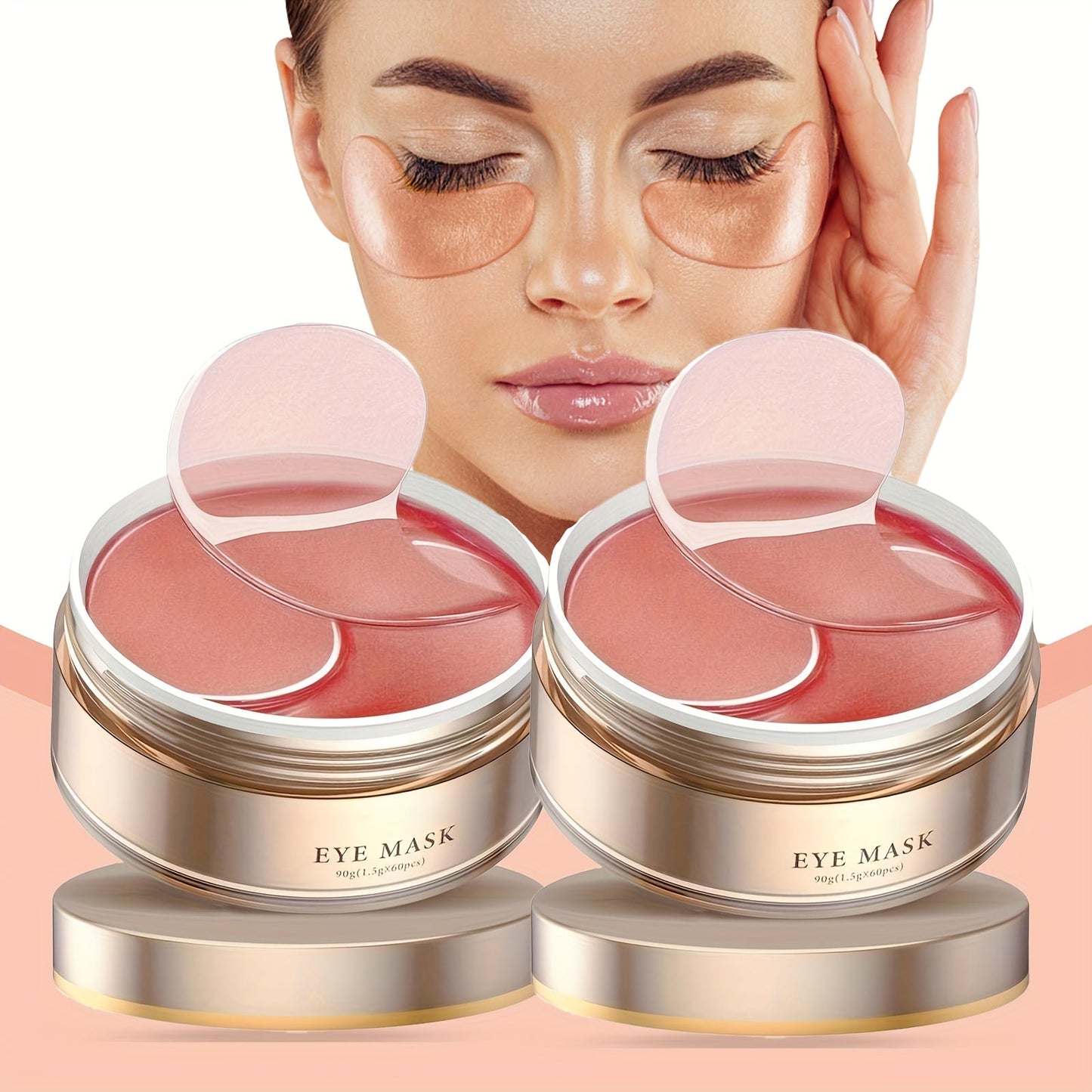 Pink Jar-Style Under-Eye Patches with Wide Finger Tabs and One- or Two-Box Caffeine Package Options