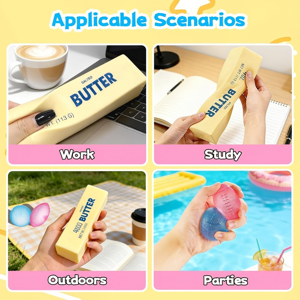 Four-Piece Slow-Rise Foam Squishy Set with Two Butter Bars, One Basketball and One Football