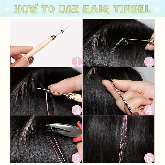 Hair Tinsel Extensions Kit 7700 Strands 18 Glitter Colors 48 Inch – Fairy Hair Tinsel with Micro Beads & Loop Tool for Women Girls Party Festival Christmas Highlights Cosplay
