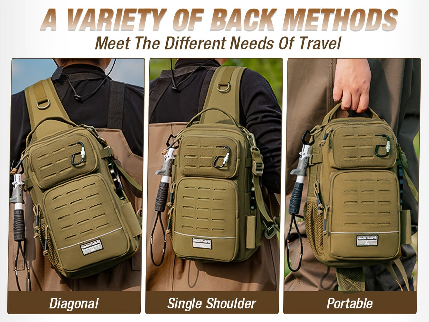 Camouflage Fishing Shoulder Bag with Six Checkout Options, Multi-Pocket Layout, Rod Holder and Bottle Pocket