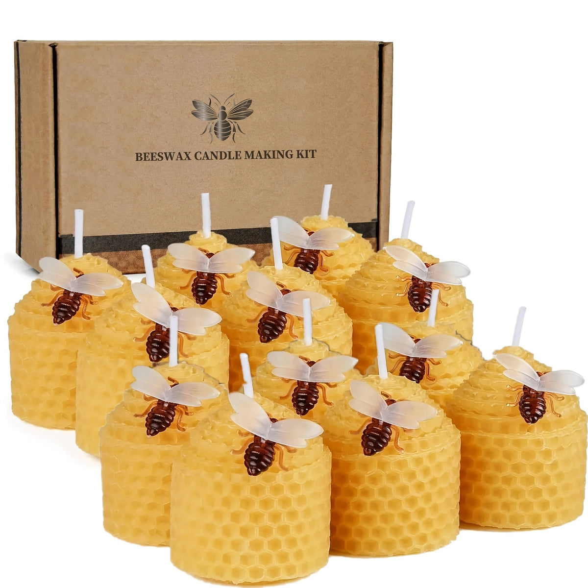 Beeswax Candles Set - Natural Pure Beeswax Votive Candles with Bee Decorations, Handcrafted from Beekeepers