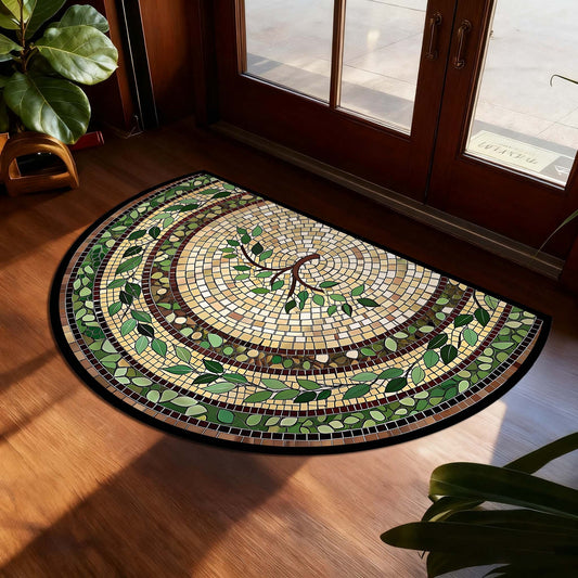 Non-Slip Bathroom Rug Semicircle Bath Mat, Crystal Velvet Soft Absorbent Floor Mat, Vintage Mosaic Vine Pattern, 60x90cm Entry Mat for Bathroom Bedroom Kitchen