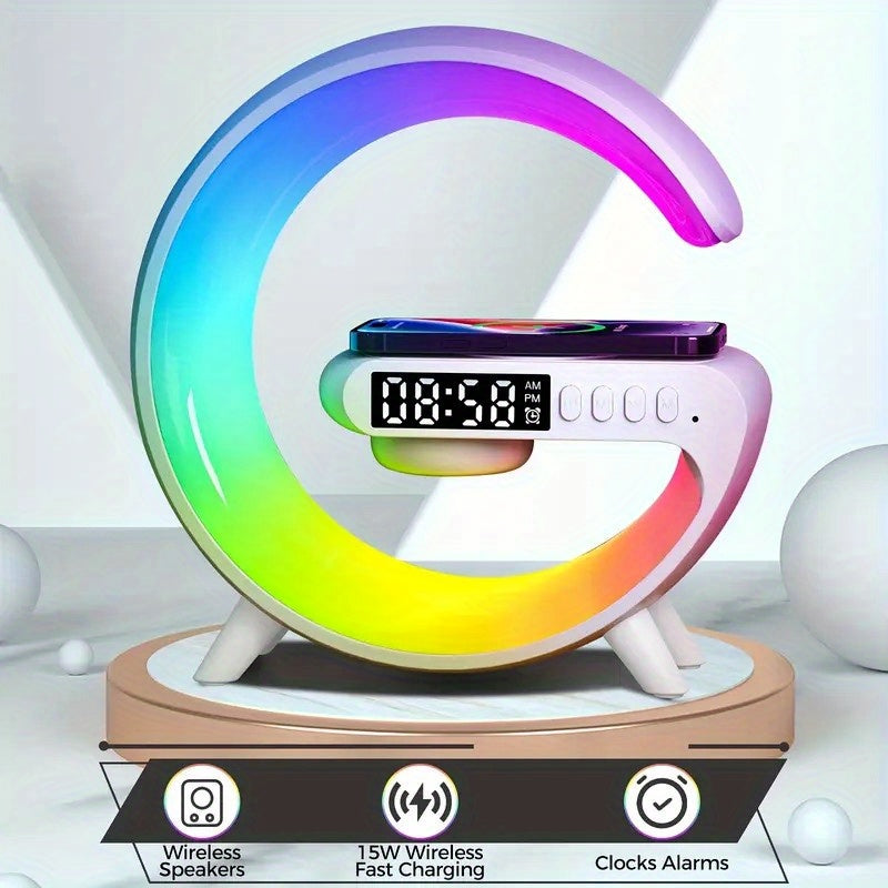 G-Shaped RGB Wireless Charging Lamp with Alarm Clock, Bluetooth Speaker and Black or White Finish