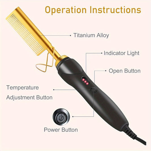 Hot Comb Hair Straightener 2-in-1 Ceramic Heated Brush — Anti-Burn Electric Pressing Comb for Natural Hair & Beard, Portable Curling Iron for Home & Travel, Gold