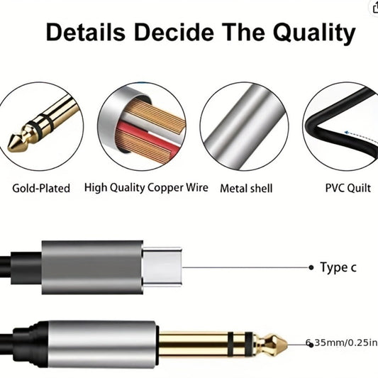 Type-C to 6.35mm 1/4 Inch Audio Cable USB-C to Quarter Inch Adapter Cable for Smartphone Mixer Power Amplifier Guitar Amp Headphone Speaker Hi-Fi Audio System Tinned Copper Lossless Sound