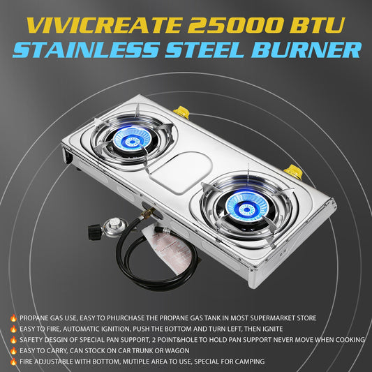 Propane Camping Stove Single & Double Burner – Stainless Steel Gas Cooker with Auto Ignition for Outdoor Cooking, Camping, Fishing, Hiking, Garden BBQ & Tailgate – Portable Camp Kitchen Burner