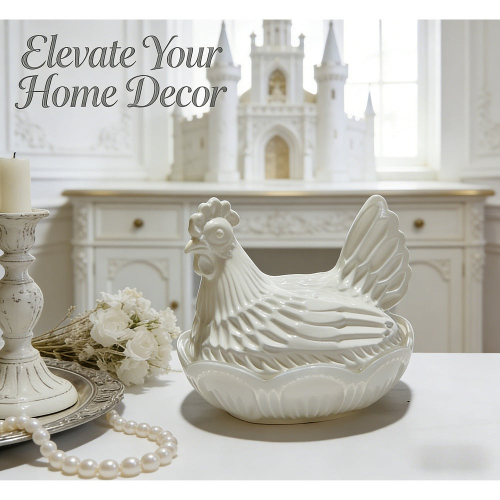 Two-Piece Glass Chicken Candy Jar and Lid Set with White Nesting Hen Design for Kitchen Display