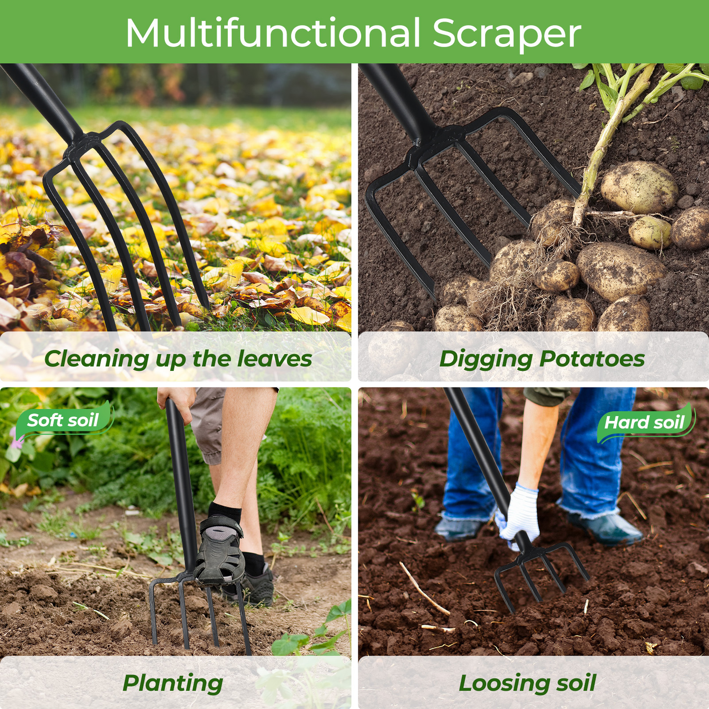 Four-Tine Garden Spading Fork with 42-Inch Shaft, D-Shaped Grip and Black Metal Construction