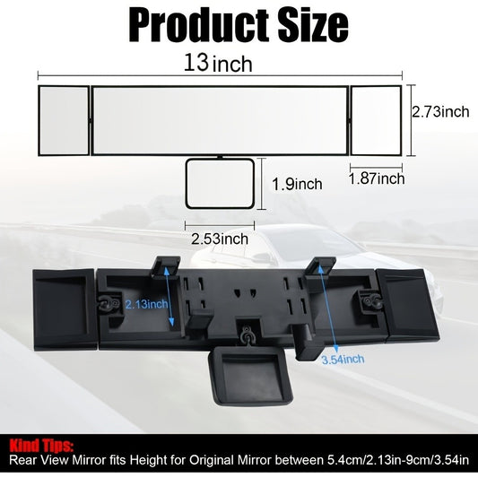Interior Rearview Mirror 13 Inch – Quadruple-Fold Adjustable Wide Angle Car Mirror with 360° Swivel, Flat Lens, Enhanced Visibility for Safe Driving