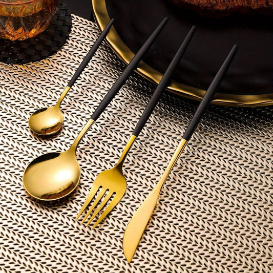 Flatware Set 24 Piece Black Gold Stainless Steel Silverware for 6 Matte Black Handle Forks Knives Spoons Cutlery Tableware Dinner Set