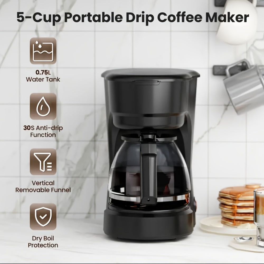 Compact Five-Cup Drip Coffee Maker with 0.75 L Water Tank, Glass Carafe and Reusable Filter
