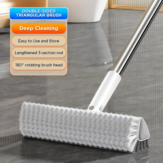 Floor Scrub Brush 52 Inch Long Handle Double-Sided V-Shaped Triangle Head Stiff Bristles Deep Cleaning Corners Gaps Tile Bathroom Kitchen Patio Crevice Brush