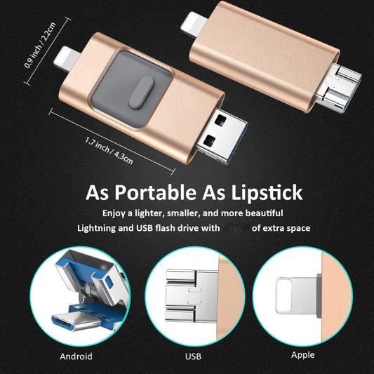 USB Flash Drive, 4-in-1 USB 3.0 Multi-Port Memory Stick with 128GB or 256GB Capacity and Sliding Connector Design