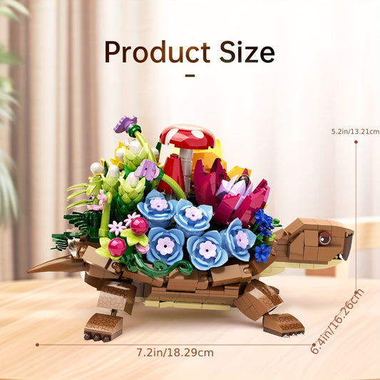 Turtle Flower Planter Building Block Set 510 Pieces – Cute Turtle Brick Puzzle Decor Toy, Unique Handmade Display Gift for Kids Teens Adults Birthday Valentine Christmas Halloween (Turtle Flower)