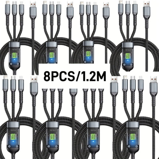 MFi Certified 3-in-1 Charging Cable 100W Fast Charge 4/8 Pack – 1.2m Nylon Braided USB Cable Type-C Micro USB Lightning for iPhone iPad Samsung Android, Multi Connector Multi Pack Phone Charger Cord
