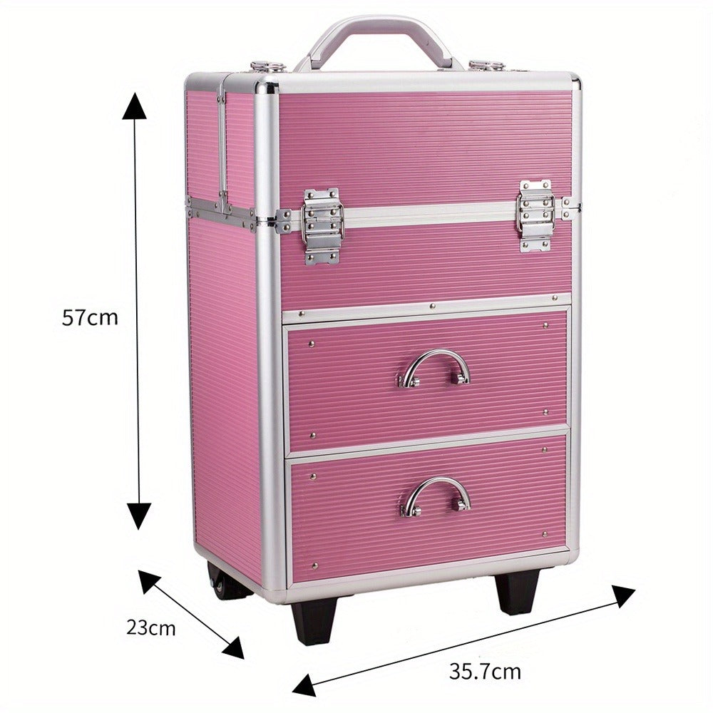 Pink Four-Tier Rolling Makeup Train Case with Fold-Out Top Trays, Two Drawers and Telescoping Handle