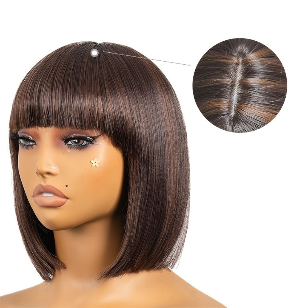 10-Inch Yaki Straight Synthetic Bob Wig with Bangs, M4/30 Brown Highlights and Adjustable Rose-Net Cap