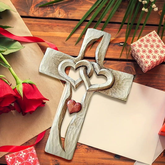 Cross Wall Decor Resin Handcrafted Hearts Intertwined Love Cross, Decorative Wall Cross for Living Room Bedroom Home Decor, Christian Religious Gift for Easter Christmas Housewarming