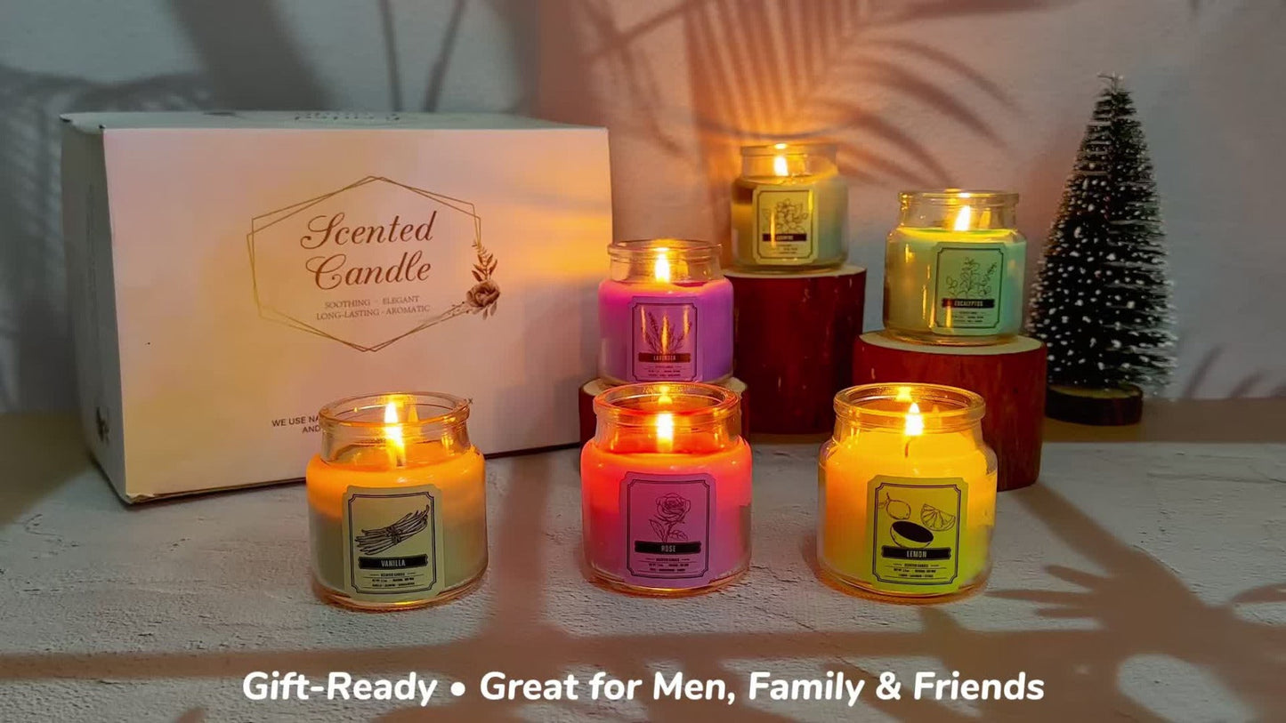 Six-Piece Candle Gift Set with 3.5oz Glass Jars, Fitted Lids, Six Fragrances and Coordinated Gift Box