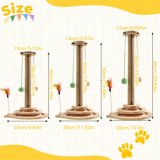 Multi-Level Sisal Cat Scratching Post 4-in-1 with 6 Wooden Balls 2 Hanging Balls & 2 Feather Teaser Toys - Premium Thickened Sisal Anti-Slip Base for Indoor Cats M L XL + Replacement Pillars