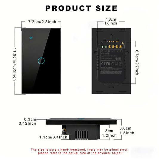 Black Tempered Glass WiFi Smart Light Switch 1/2/3/4 Gang – US Standard, Works with Alexa & Google Home, Tuya App, Smart Scenes, Timer, Voice & App Control, Neutral Wire Required, 100-240V